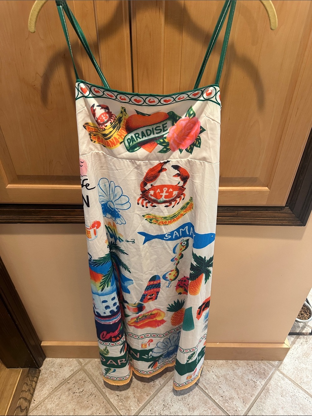 Source Unknown White Tropical Print Maxi Dress with Green Straps